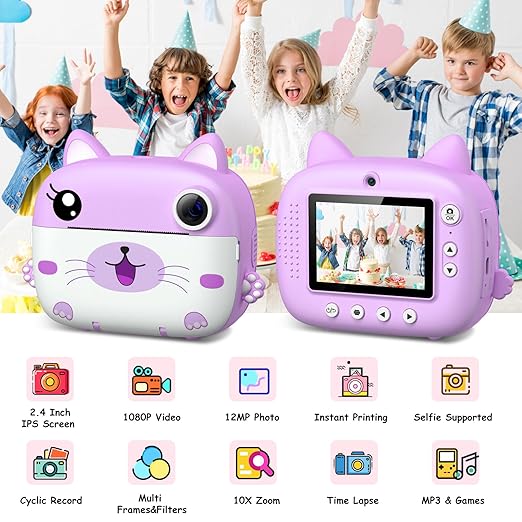 Kids Camera Instant Print,2.5K Digital Video Instant Print Camera for Kids, Selfie Toddler Cameras with No Ink Print Paper