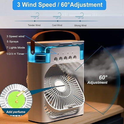 Portable Air Conditioner Fan, Mini Evaporative Air Cooler with 7 Colors LED Light, 1/2/3 H Timer, 3 Wind Speeds and 3 Spray Modes for Your Desk, Nightstand, or CoffeeTable