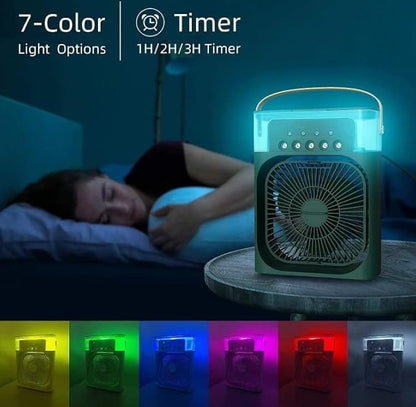 Portable Air Conditioner Fan, Mini Evaporative Air Cooler with 7 Colors LED Light, 1/2/3 H Timer, 3 Wind Speeds and 3 Spray Modes for Your Desk, Nightstand, or CoffeeTable