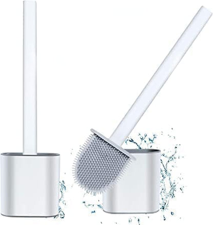 Silicon Toilet Brush with Slim Holder/Flex Toilet Brush Anti-drip Set Toilet Bowl Cleaner Brush/No-Slip Long Handle Soft Silicone Toilet Brush