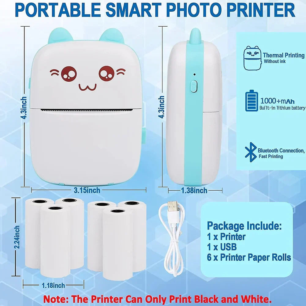 Mini Bluetooth Thermal Printer, Portable Label Printer Inkfree Printer for Android & iOS System, Black on White Thermal Printer with Roll of Print Paper, Stickers